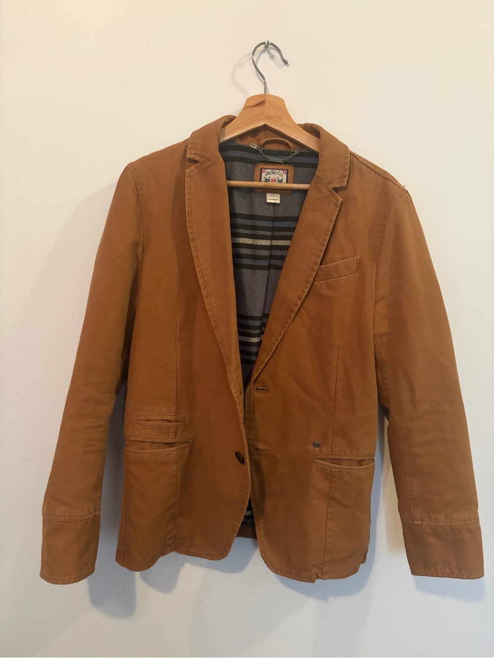 DIESEL-CO Cotton Thick Blazer Jacket with Cow-Leather Trims & Plaid Lining - S